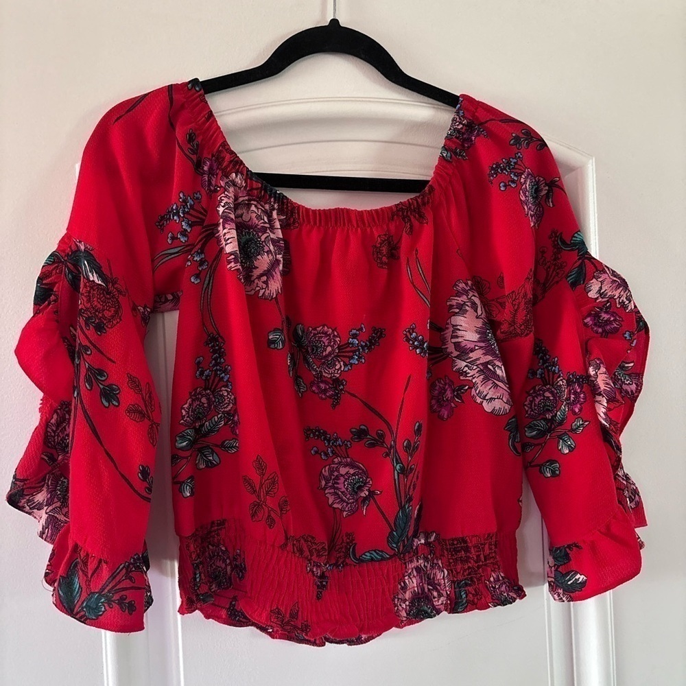 Red floral print blouse